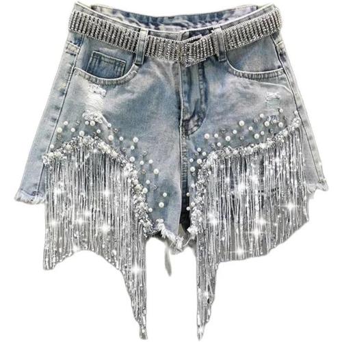 Women's Summer Shorts Beaded High Waisted Wide Leg Denim Shorts Casual Solid Color Jeans size small