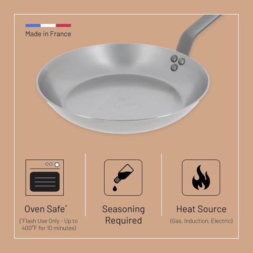 De Buyer MINERAL B Carbon Steel Fry Pan - 10.25” Diameter, 7.3” Cooking Surface - Ideal for Searing, Sauteing & Reheating - PFAS, PFOA & PFOS Free - Made in France