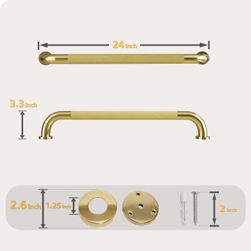 24 Inch Shower Grab Bar, Brushed Gold Bathroom Grab Bar Handle with Anti-Slip Knurled Grip, Stainless Steel Bath Balance Bar, 1.25 Diameter Bath Safety Bar Support for Seniors Elderly Pregnant