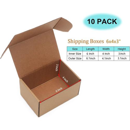 10 Pack Small Shipping Boxes 6x4x3'' Corrugated Small Cardboard Boxes for Shipping, Recyclable Packaging Boxes for Business, Mailer, Gift Packing, Crafts Packing, Jewelry Box, Brown
