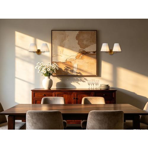 Modern Pleated Fabric Linen Double Wall Sconce, Country Wall Lamp with Antique Finish Metal, Creative Decoration Wall Lamp for Entryway, Hallway, Bedroom, Living Room, Kitchen (Brass)