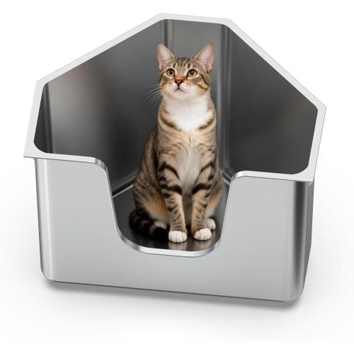 Stainless Steel Corner Cat Litter Box, Metal Litter Box with High Sided, One-piece Corner Cat Toilet, No Assembly Required, Non-Stick, No Odor Kitten Litter Pan, Easy to Clean, for Small Medium Cats