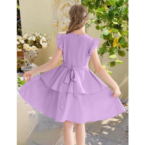Size 150 6-14 Years Girls' Dresses Ruffle Sleeve Solid Semi Formal Tiered Swing Midi Casual Summer Dress