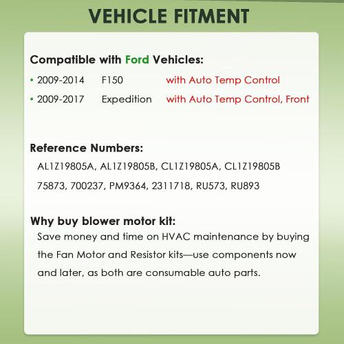HVAC Heater Blower Motor and Resistor Compatible with Ford Vehicles - F150 2009-2014, 2009-2017 Expedition Front - Replace# 700237 3F2Z18591AA, with ATC