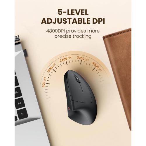 POJTK Ergonomic Wireless Rechargeable Mouse, Bluetooth USB A Type C(3 in 1) Connection, 5 Levels Up to 4800 DPI, 6 Silent Buttons, 2.4GHz Carpal Tunnel Vertical Mice, for Laptop, Desktop,MacBook-black