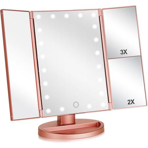 Tri-fold Lighted Vanity Makeup Mirror with 3x/2x Magnification,21 LEDs Light and Touch Screen,180 Degree Free Rotation Countertop Cosmetic Mirror,Travel ***(Rose Gold)***