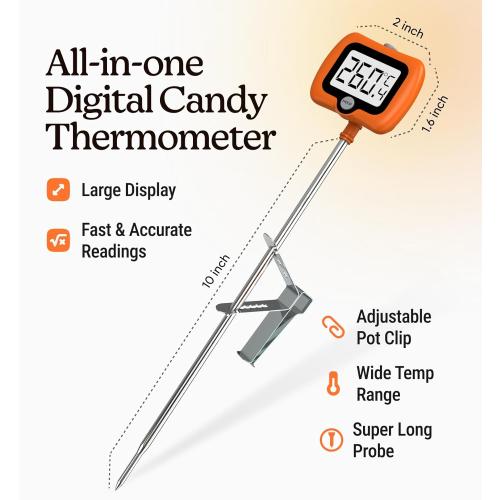 Digital Candy Thermometer with Pot Clip, Instant Read Kitchen Thermometer for Cooking, Baking, and Candy Making – 10 Stainless Steel Probe, LCD Display, Essential Baking Tool