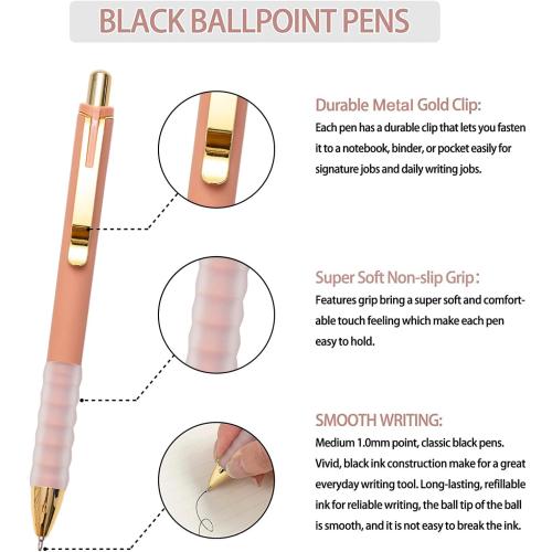Linbsunne Ballpoint Pens Black Medium Point 1mm with Super Soft Grip Ball Point Pen for Men Women Retractable(gold-6x2 pcs)