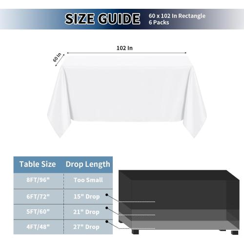 WHITE PureFit 6 Pack Rectangle White Table Cloths 60 x 102 Inch for 6Ft Tables, Stain and Wrinkle Resistant Table Linens for Home Use, Wedding, Party, Banquet and Camping