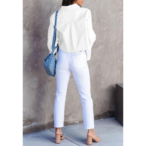 INFITTY Small White Button Down Shirts for Women Long Sleeve Casual Crop Tops Solid Lapel Blouse Shirt with Pocket