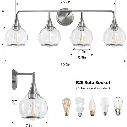 Brushed Nickel Bathroom Light Fixture 4 Lights Bathroom Vanity Lights Over Mirrors with Clear Glass Shade 30.7 inch Wall Sconce Lighting Bath(Exclude E26 Bulb)