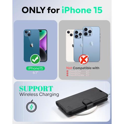 OCASE for iPhone 15 Wallet Case, Card Holder, Black