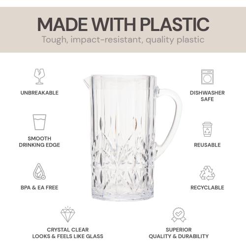 BELLAFORTE Shatterproof Tritan Plastic Water Pitcher with Lid, Myrtle Beach 88oz Unbreakable Drinking Jug for Orange Juice, Iced Tea & Water - Dishwasher Safe - BPA Free - Clear