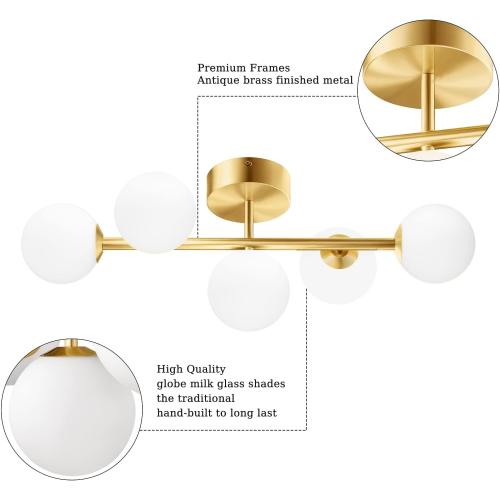 Bathroom Vanity Lights, 5-Light Bathroom Light Fixtures, Mid Century Modern Brass Bathroom Light Ceiling Light, Wall Sconces Semi-Flush Mount Light Fixture with Milk Globe Glass, Brass Gold, G9 Base