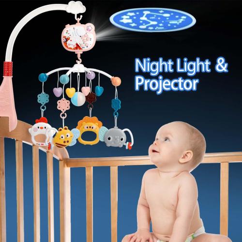 Baby Crib Mobile with Musical, Night Light & Moon Star Projector, Mobile for Crib with Remote Control Timing Function, 360° Rotation Crib Toys for Newborn Infant Boys and Girls(Pink)