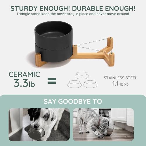 1.7 Black and Wooden SPUNKYJUNKY Ceramic Dog and Cat Bowl Set with Wooden Stand, Modern Cute Weighted Food Water Set for Small Size Dogs (13.5OZ) & Medium Sized Dogs (28.7OZ) & Cats (1.7 Cups, 2 × Black