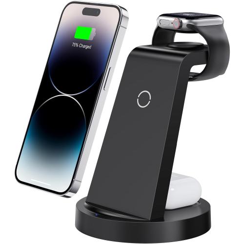 3 in 1 Charging Station for iPhone, Wireless Charger for iPhone 17 16e 16 15 14 13 12 11 X Pro Max & Apple Watch - Wireless Charging Station for AirPods 4 3 Pro