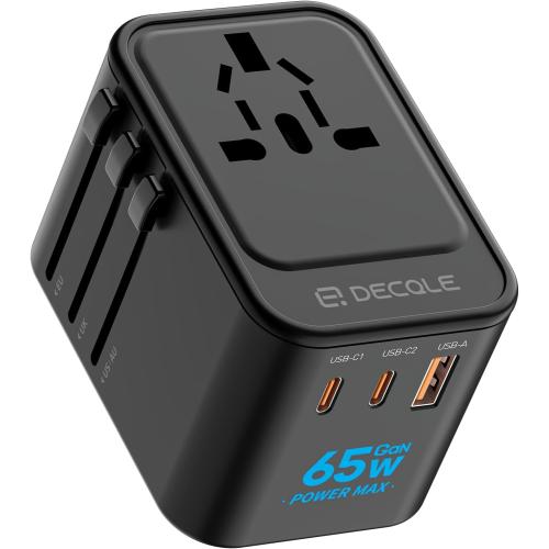 Universal Travel Adapter, International Travel Plug Adapter with 2 USB-C(GaN 65W) ＆ 1 USB-A Ports, All in One Portable Adaptor, for USA, UK, EU, AU ＆ 224  Countries (Black) US
