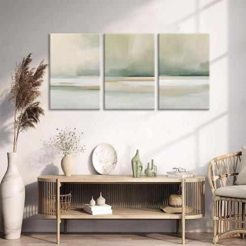 3Pcs Sage Green Canvas Wall Art Modern Neutral Abstract Wall Decor Pictures Minimalist Green Tan Posters Prints for Living Room Bedroom Home Decoration, 16x24in