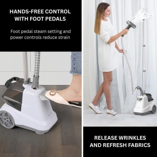 SALAV® Heavy Duty Commercial Full-Size Garment Steamer with Foot Pedals and Extra Large 3L (101.5 oz) Water Tank, 1800 watts, 90 min of Continuous Steam (White) (Renewed)