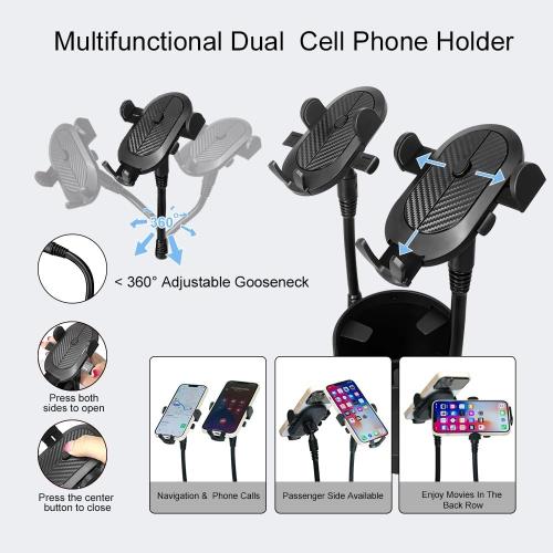 JINKEY Dual Cup Phone Holder for Car, 360°Rotatable Car Mount Adjustable Gooseneck Cell Phones Cup Holders Universal Fits for Most 4-6.7 i-Phone Mobile-Phone Automobile Cradles