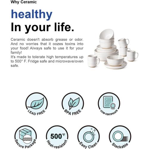 LE TAUCI Dinnerware Sets 16 PCS, Stoneware Plates and Bowls Set, House Warming Wedding Present, Serve for 4 (10 Dinner Plates   8 Salad Dish   28 oz Cereal Bowl 12oz coffee mugs) x 4, Arctic White (NO DINNER PLATES)