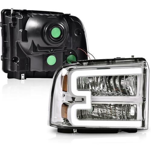 PIT66 LED Headlight Assembly Compatible with 2005-2007 Ford F250 F350 F450 F550 Super Duty/ 2005 Excursion,(Not Fit Sealed Beam Headlight model) Clear Lens Chrome Housing Amber Reflector