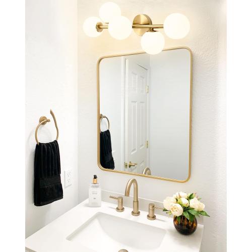 Bathroom Vanity Lights, 5-Light Bathroom Light Fixtures, Mid Century Modern Brass Bathroom Light Ceiling Light, Wall Sconces Semi-Flush Mount Light Fixture with Milk Globe Glass, Brass Gold, G9 Base