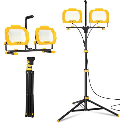 LUTEC 25000 Lumen LED Work Lights with Stand, Dual Head Dimmable Work Light with 6 Brightness Levels, IP65 Waterproof Rotating WorkLights with Telescoping Tripod and 8.2 Ft 3-Prong Power Cord
