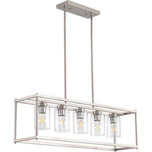 Farmhouse Chandeliers for Kitchen Island, Modern 5-Light Rectangle Chandelier, Brushed Nickel Linear Pendant Lighting Fixture with Clear Glass Shade, L35.4 Inch