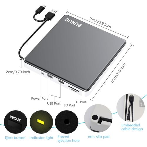 BUNUD External DVD Drive for Mac, Plug & Play Built-in USB/SD/TF Ports Grey