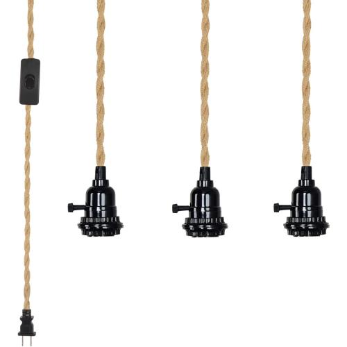 Triple Plug in Pendant Lights with Cord Hanging Lamp Kit with Switch 23 Ft Long Hemp Rope Farmhouse Pndant Light Cord Lighting Fixture Kits DIY Hanging Light