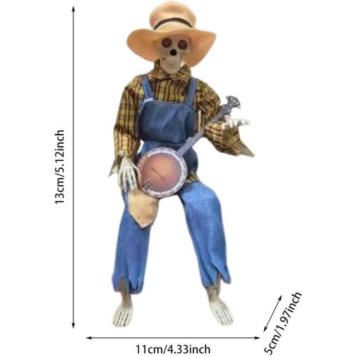 Color Red and yellow plaid Halloween Banjo Playing Skeletons - Dueling Poseable Skeletons with Light, Red & Yellow