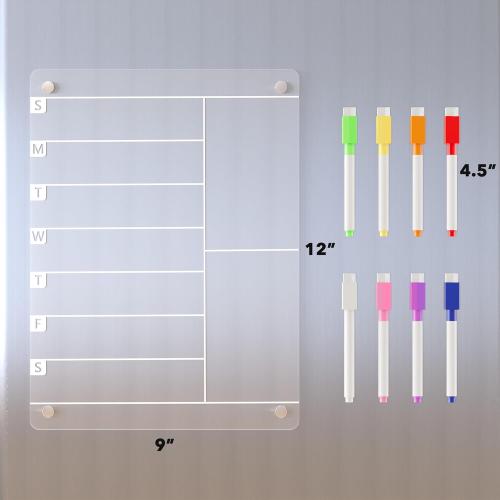 Acrylic Magnetic Meal Planner Menu Board for Kitchen Fridge w/ 8 Markers, Clear Refrigerator Weekly Dry Erase Calendar Planning Noteboard to Do/Grocery/Shopping List/Chore Chart/, 12x9