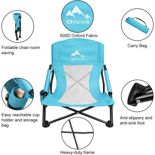 Oileus Low Beach Chair for Beach Tent/Shelter/Camping/Outdoor Ultralight Backpacking Folding Recliner Chairs with Cup Holder/Storage Bag, Carry Bag, Breeze Mesh Back, Compact Duty 2 Pcs