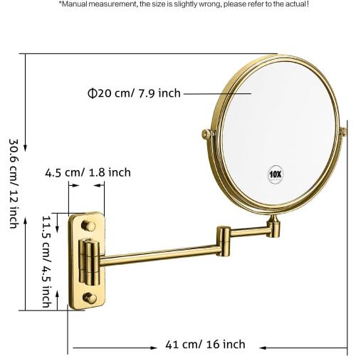 Gold 1x10x Double Sided Magnifying Bathroom Makeup Mirror 360 Degree Swivel Mirror Adjustable Telescopic Arm Wall Mount 8 Inch Non-Illuminated Beauty Mirror Shaving Mirror（Square Base）