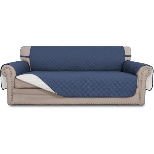 Easy-Going Reversible Couch Cover for 3 Cushion Couch Sofa Cover for Dogs Water Resistant Furniture Protector Cover with Foam Sticks Elastic Straps for Pet Cat (Sofa, Dark Blue/Ivory)