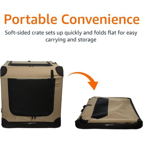 Amazon Basics Dog Crate, Travel Dog Kennel Double Door Collapsible, Lightweight Soft-Sided Folding, Portable Dog Cage, XL 42 x 31 x 31, Tan