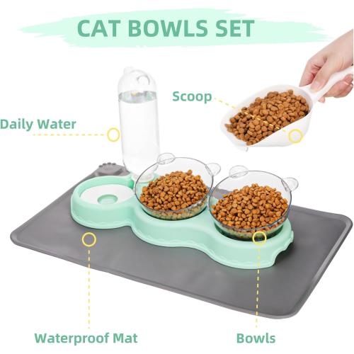 WRINGKIT Triple Cats Bowls, Cat Food Water Bowl with Mat and Scoop, 15° Tilted Raised Cat Bowl Dishes with Automatic Water Bottle, Pet Feeding Bowls for Cats, Small Dogs, Wet, Dry Food