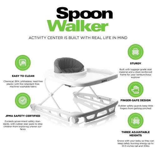 Joovy Spoon Baby Walker & Activity Center Featuring Three Adjustable Heights, Extra-Large Tray, and 30 lb Weight Capacity - JPMA Safety Certified,