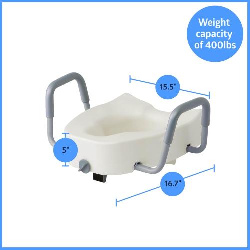 Medline 5 Elongated Raised Locking Toilet Seat, 400 lb Capacity | Toilet Riser with Removable Padded Arms, Fits Most Elongated Toilets, No Lid, Medical Seat For Adults and Elderly