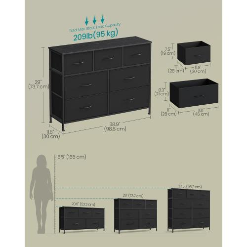 7 Drawer Closet Organizer Chest, Fabric Storage Tower with Sturdy Steel Frame, Wooden Top & Easy Pull Fabric Bins, Dresser for Bedroom Living Room Entryway Clothes Organization, Black