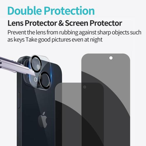 PEHAEL for iPhone 15 Privacy Screen Protector Camera Lens Protector | Installation kits, Anti-Spy Private, Anti-Scratch, 9H Tempered Glass, Case Friendly, 2 2 Pack, [6.1 inch]