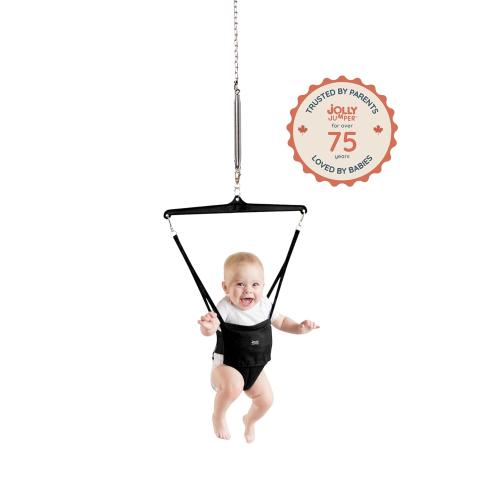 Jolly Jumper Iconic (Black), Doorway Baby Jumper, Indoor Exercise Saddle Seat, Adjustable Height, for Infants up to 28lbs, No Stand Required
