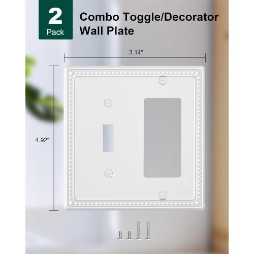 2-Pack Combo Toggle/Decorator Light Switch Cover Plate, Pearls Decorative Electrical Outlet Covers, Metal Wall Switch Plates and Outlet Covers, Pure White
