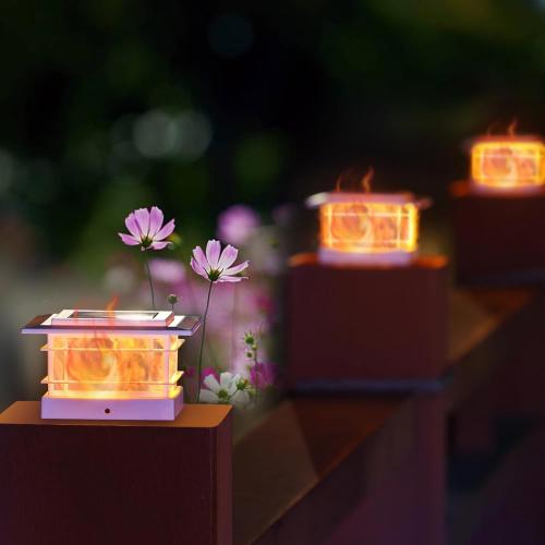 Dynaming 6 Pack Solar Post Cap Lights Outdoor with Flickering Flame Light, White Shell Fence Post Solar Lights Fit 4x4 5x5 Vinyl/Wooden Posts, Brightness LED Lighting Decor for Garden Deck Patio