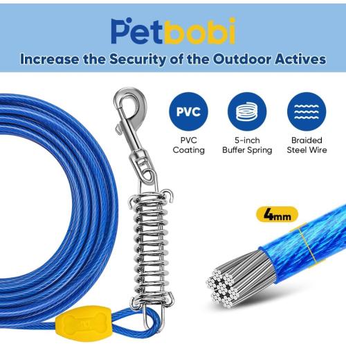 Petbobi Dog Tie-Out Cable and Stake - 30ft Heavy Duty Cable with Spring, No Tangle, 16in Ground Stake, Ideal for Yard, Camping and Beach, Suitable for Small Medium Large Dogs Up to 120 lbs, Blue