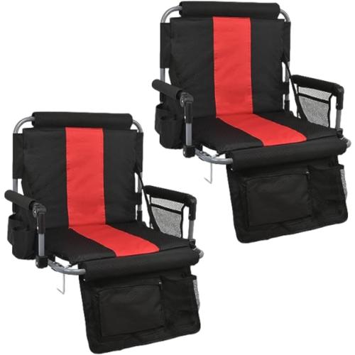 Black and Red Portable Stadium Seats with Back Support and Armrest, Folding Bleacher Chairs with Back and Cushion, Wide Padded Sports Chair with Cup Holder (2 Pack, Red)