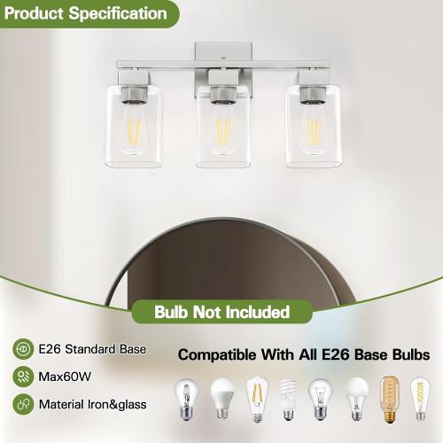 Espird Brush Nickel Bathroom Vanity Light - 3 Light Bathroom Light Fixture Square Design & UL Certification & Square Bath Room Lights Fixture Over Mirror