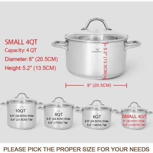 HOMICHEF Small Stock Pot 4 Quart Nickel Free Stainless Steel - Small 4Qt Stockpot With Glass Lid - Soup Pot Cooking Pot 4 Quart